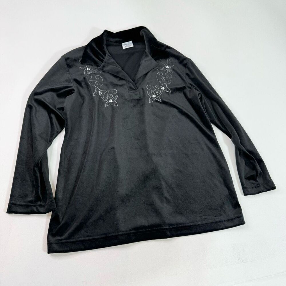 Bobbie Brooks Woman Top Women 14/16W Black Velvet Collar Long Sleeve Beads Shirt